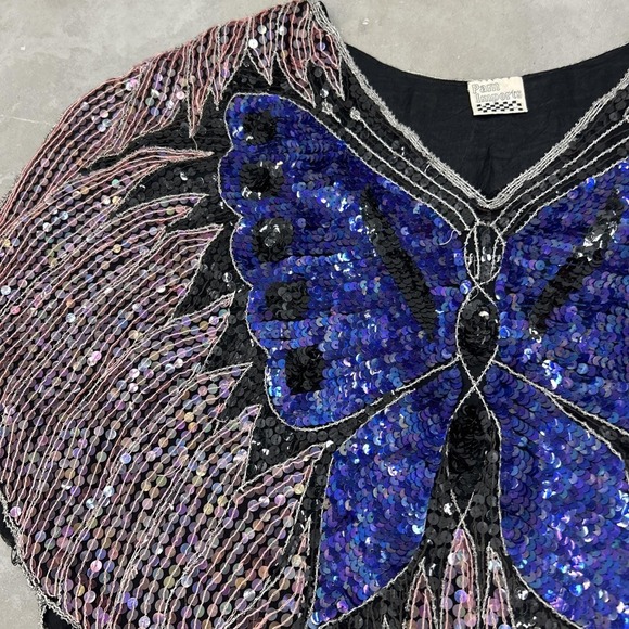 Vintage 1970s Retro Disco Boho Beaded‎ Sequin Butterfly Silk Top - Picture 4 of 9